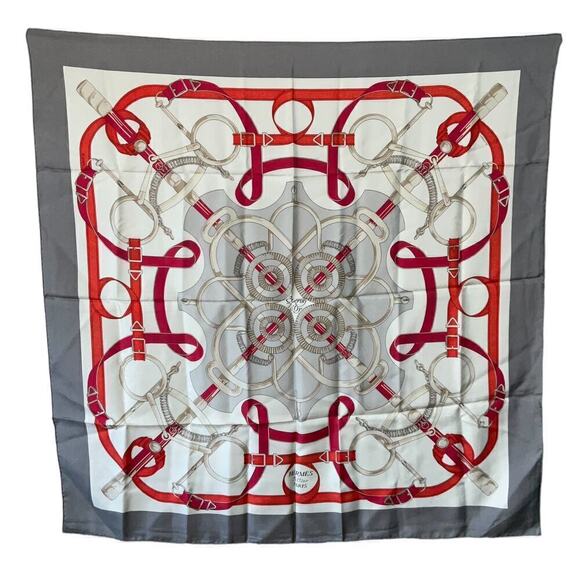 HERMES Carre "Eperon d’or" Silk Gray White Red 100% Silk Scarf 90cm Square - Picture 1 of 16